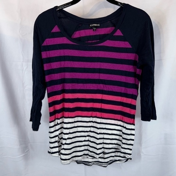 Express Top Striped Quarter Sleeve Pullover Crewneck Color block Casual Shirt - Picture 7 of 8